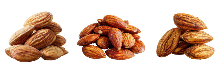 Assorted Raw Almonds Piled in Different Textures and Colors on Transparent Background