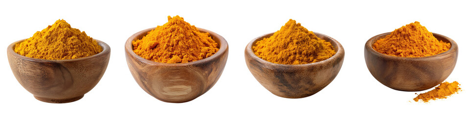 Vibrant Yellow Turmeric Powders in Wooden Bowls on Transparent Background