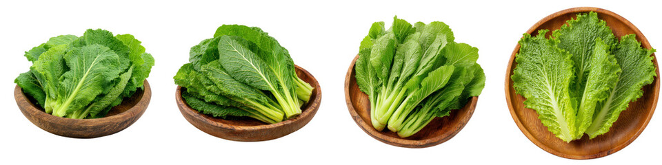 Fresh Green Leafy Romaine Lettuce on Wooden Bowls for Healthy Eating