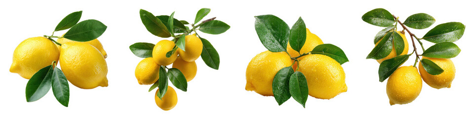 Fresh Yellow Lemons with Green Leaves on Transparent Background