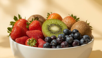Vibrant fruit bowl display featuring plump strawberries kitchen food photography natural light aesthetic background