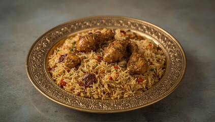 Delicious indian biryani rice with tender chicken kitchen background culinary art close-up view food photography