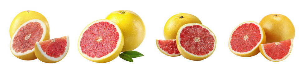 Fresh Grapefruit Halves and Whole Fruit on Transparent Background