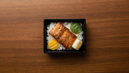 Delicious grilled fish bento box japan food presentation minimalist background top view lucid realism concept