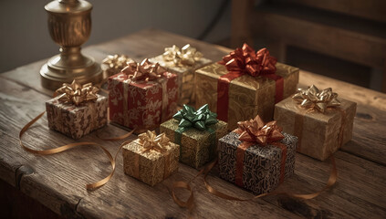 Exquisite gift boxes in a rustic setting celebrating gift-giving moments with a warm background