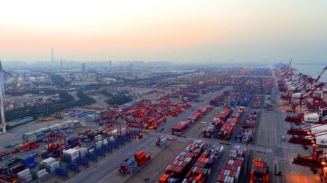 Aerial view of the cargo terminal of Tianjin Port at dusk