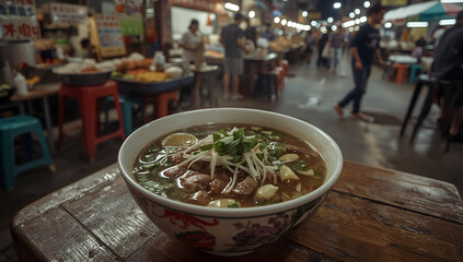 Delicious vietnamese pho soup with rare beef slices and fresh herbs street market food photography vibrant night background