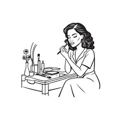 Black and white line art of a beautiful woman doing makeup at dressing table with mirror illustration