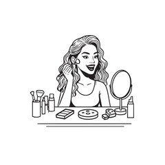 Black and white line art of a beautiful woman doing makeup at dressing table with mirror illustration