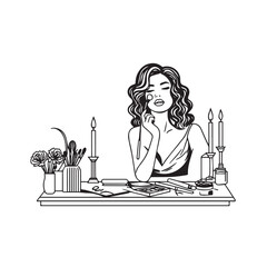 Black and white line art of a beautiful woman doing makeup at dressing table with mirror illustration
