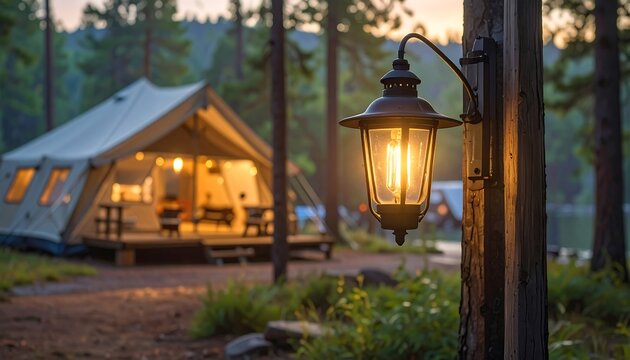 Rustic Campground Tent Illuminated by Vintage Lantern