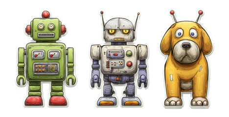 Fototapeta premium Colorful Cartoon Robots and Dog Characters with Simple Designs on Transparent Background
