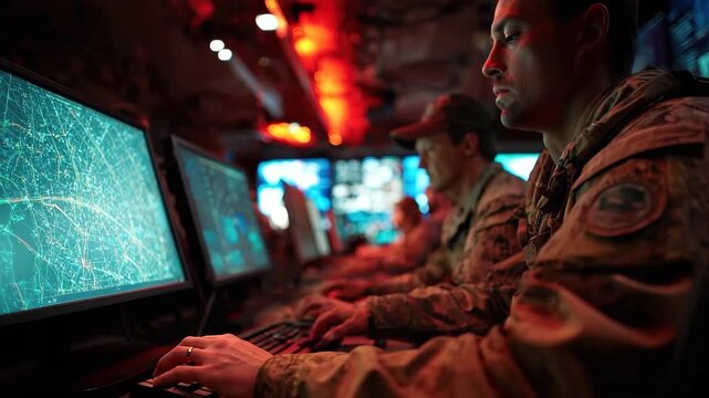 Agents coordinating surveillance activities in a secure operations center during a nighttime mission