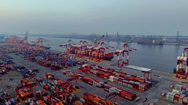 Aerial view of the cargo terminal of Tianjin Port at dusk