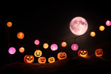 Glowing full moon above carved jack-o-lantern pumpkins on hill, pastel lanterns and warm glow in dark whimsical mood
