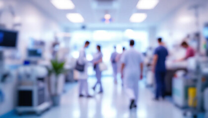 Fototapeta premium Blurred hospital corridor with people walking, conveying a busy healthcare environment.