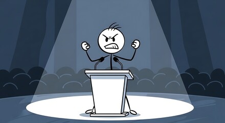 An animated stick figure orator passionately addresses a darkened stage, spotlighting a powerful and dramatic scene.