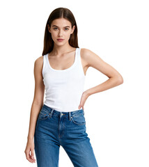 Obraz premium Woman in white tank top and blue jeans