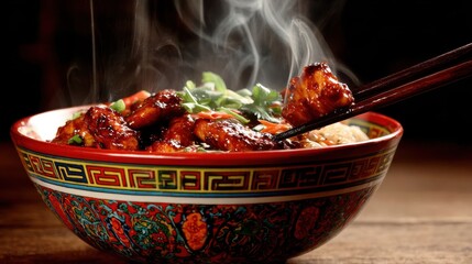 Delicious Asian cuisine featuring steaming bowl of chicken stir-fry with vibrant vegetables and flavorful sauce served with chopsticks