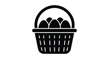A simple black and white illustration of a woven basket with eggs