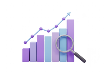 3d bar chart with upward trend line and magnifying glass isolated on transparent background