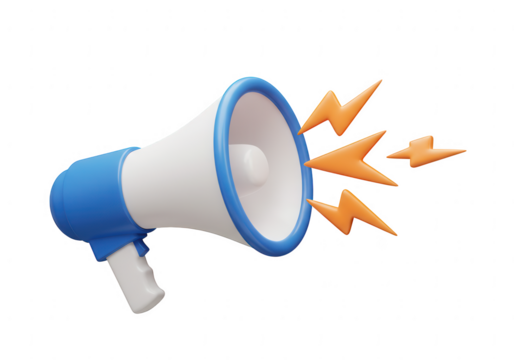 3d rendering of a blue and white megaphone emitting orange lightning bolts isolated on transparent background