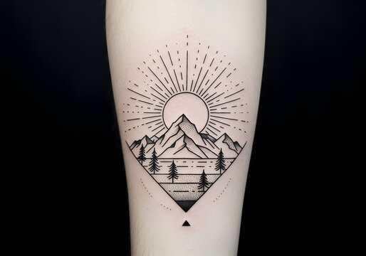 Geometric mountain landscape with sun