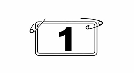 Minimalist illustration of a number tag attached with safety pins, isolated on white background. Suitable for creative projects, graphic design, and educational materials.