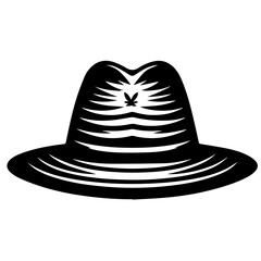 Illustration of a black and white fedora hat with a unique design and a decorative leaf emblem on top