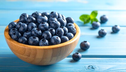 Fresh blueberries in a wooden bowl on a vibrant blue surface, showcasing a healthy and appetizing display of the nutritious berries.