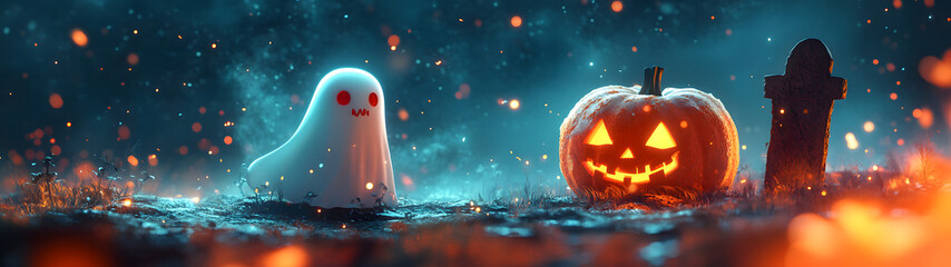 Fototapeta premium Happy Halloween. Simple background surrounded by pumpkins, ghosts, leaves, trees and graves.