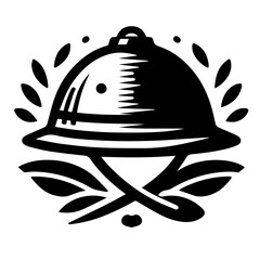 Illustration of a pith helmet with crossed branches and decorative dots in a black and white design