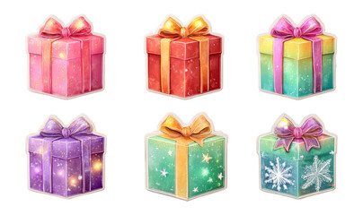 Obraz premium Colorful Gift Boxes with Ribbons and Sparkles on Transparent Background