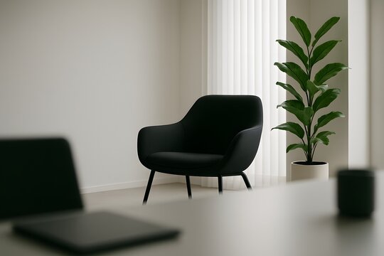 Modern minimal office interior with sleek black swivel chair, green plant in white pot, clean desk and soft natural light through vertical blinds creating elegant workspace atmosphere