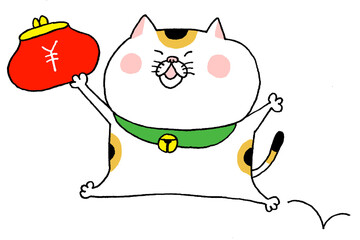 がま口財布を持って飛び跳ねる招き猫