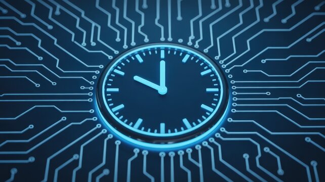 Clock of Technology: A digital clock design, integrating the concept of time with the intricate patterns of a circuit board, symbolizes the fusion of time and technological advancements.