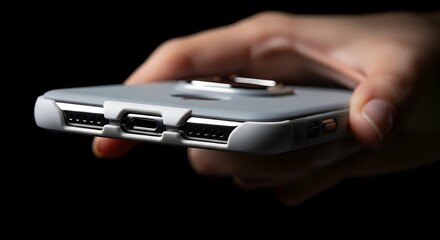 Close-up of a hand holding a smartphone with a multi-port adapter attached to its bottom edge, revealing several charging or data transfer ports.