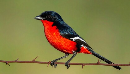 A vibrant red and black bird perches gracefully on a thorny branch against a soft, muted green backdrop.
