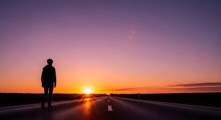 Obraz premium silhouette of young man with backpack on road at sunset