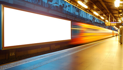 Blank billboard at a subway station with a blurred high speed train passing by, ready for advertisement placement.