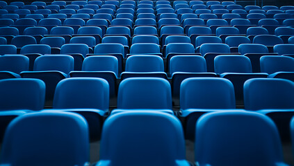 Rows of empty blue stadium seats create an abstract pattern.