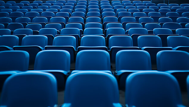 Rows of empty blue stadium seats create an abstract pattern.