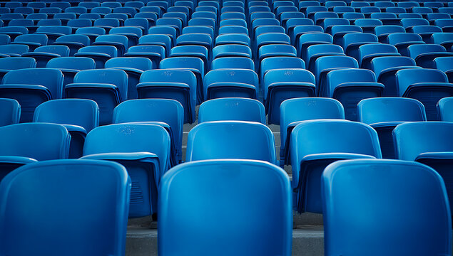 Rows of empty blue stadium seats receding into the distance form a symmetrical pattern.
