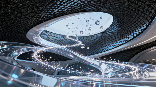 Future space and transparent starry sky, dreamy penetration of beauty ingredients and luxury pet repair, promotion of luxury pet beauty series, immersive skincare concept display scene.
