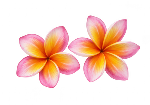 Two vibrant pink and yellow plumeria flowers with delicate petals isolated on transparent background - Powered by Adobe