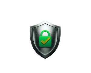 Silver shield with green padlock and checkmark isolated on transparent background 