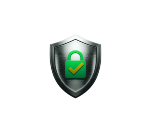 Silver shield with green padlock and checkmark isolated on transparent background 