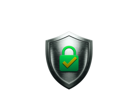 Silver shield with green padlock and checkmark isolated on transparent background 