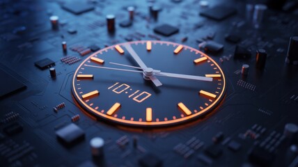 Time in the Digital Era: A modern concept featuring an illuminated clock face, integrated with technological components, illustrating the fusion of time and digital innovation.