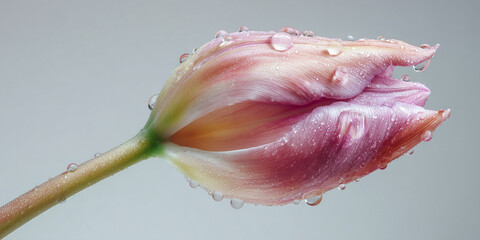 Close-up of pink tulip flower with dewdrops on a gray background